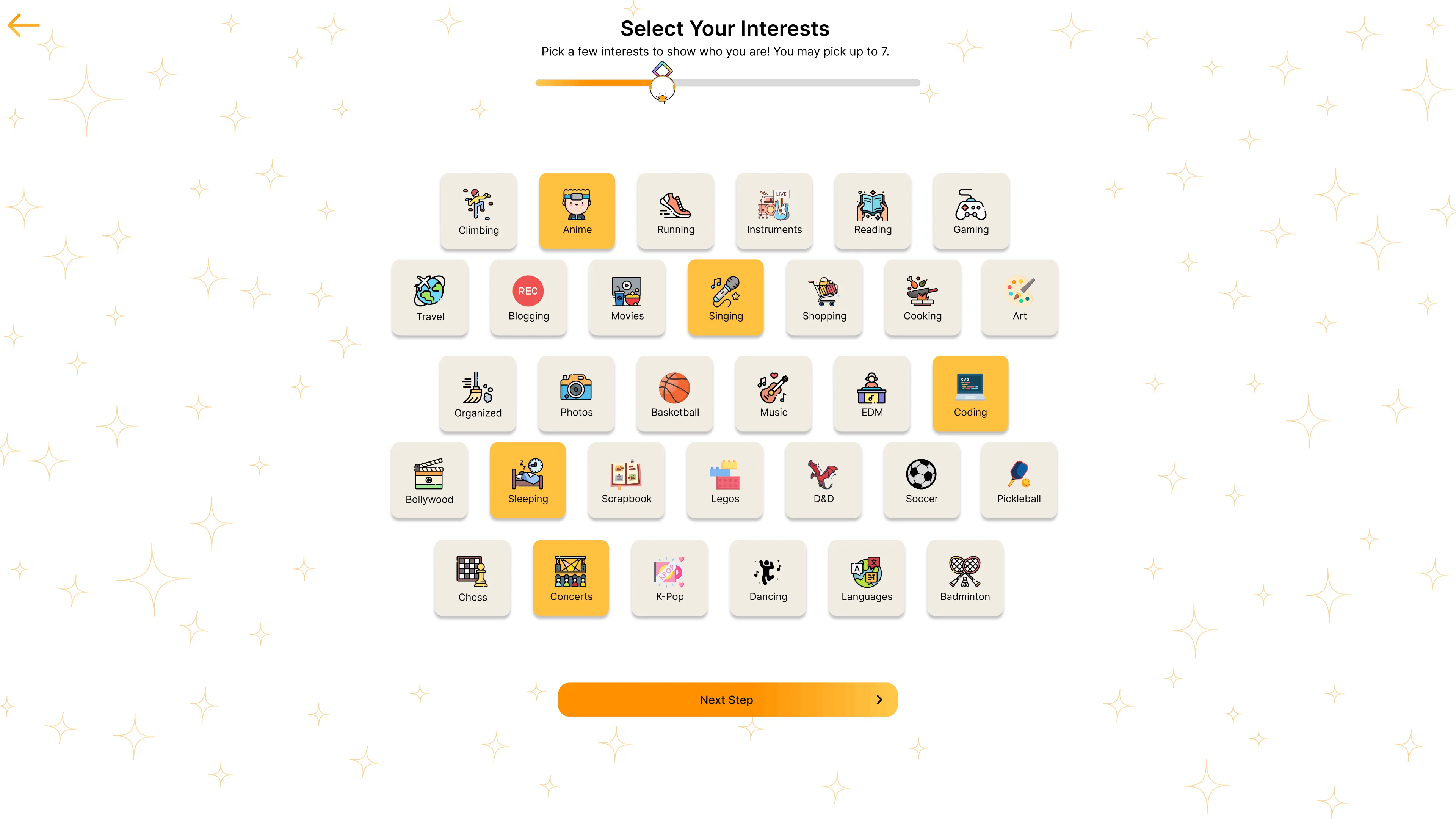 MeteorMate interests selection
